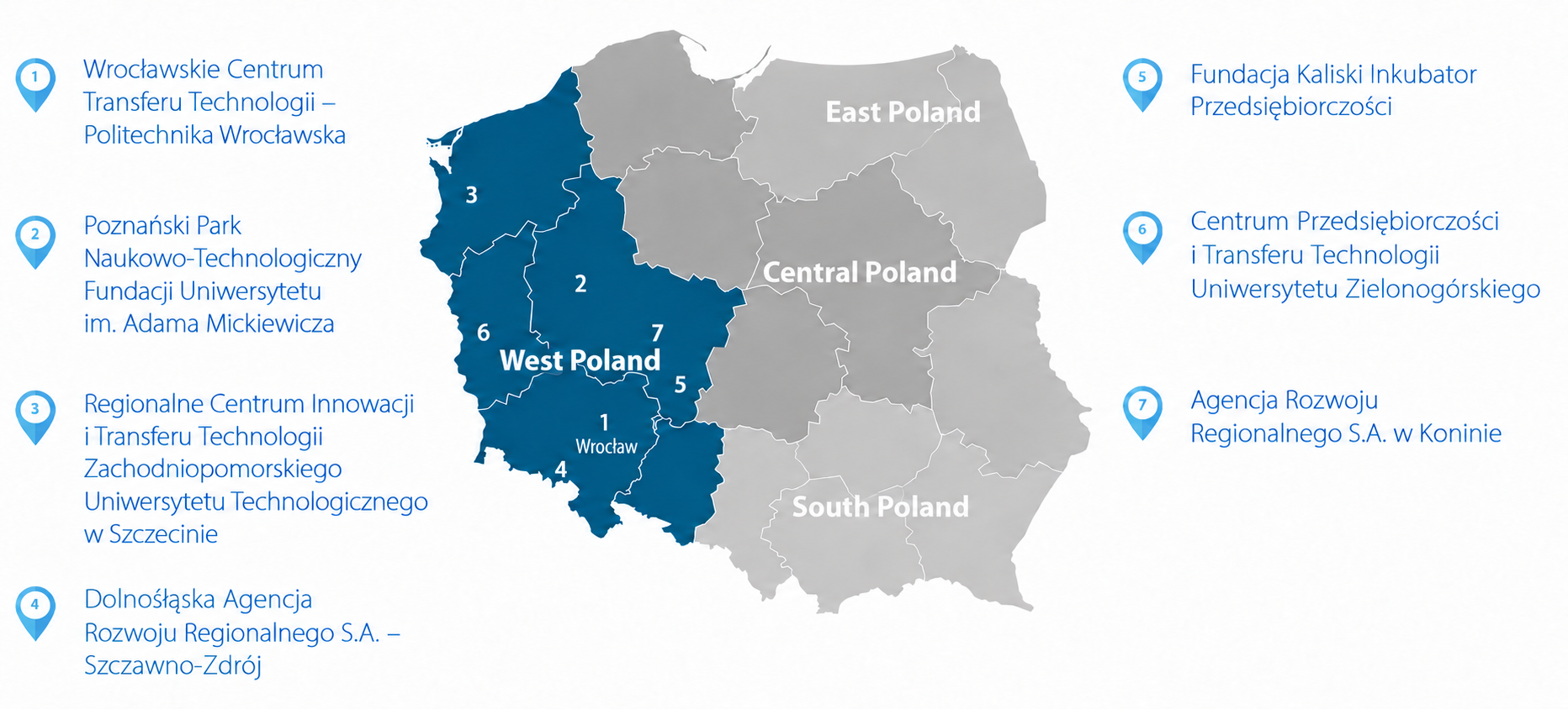 Mapa siedmiu ośrodków Enterprise Europe Network Polska Zachodnia